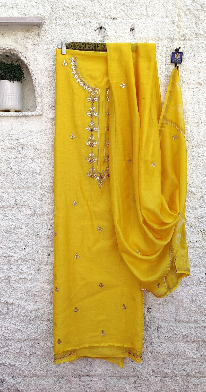 GOLDEN YELLOW CHANDERI KURTA WITH AARI, BEADS & GOTTA PATTI WORK - DUPATTA WITH SHIBORI