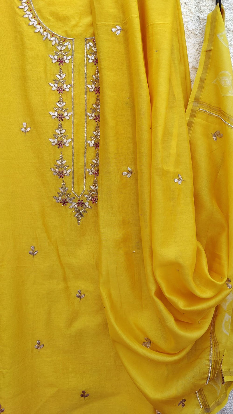 GOLDEN YELLOW CHANDERI KURTA WITH AARI, BEADS & GOTTA PATTI WORK - DUPATTA WITH SHIBORI