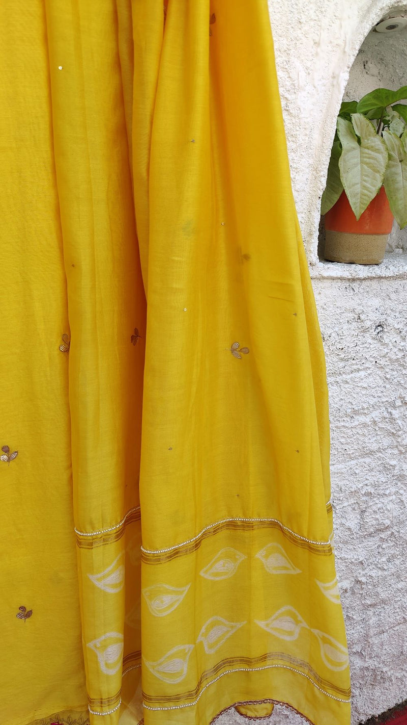 GOLDEN YELLOW CHANDERI KURTA WITH AARI, BEADS & GOTTA PATTI WORK - DUPATTA WITH SHIBORI