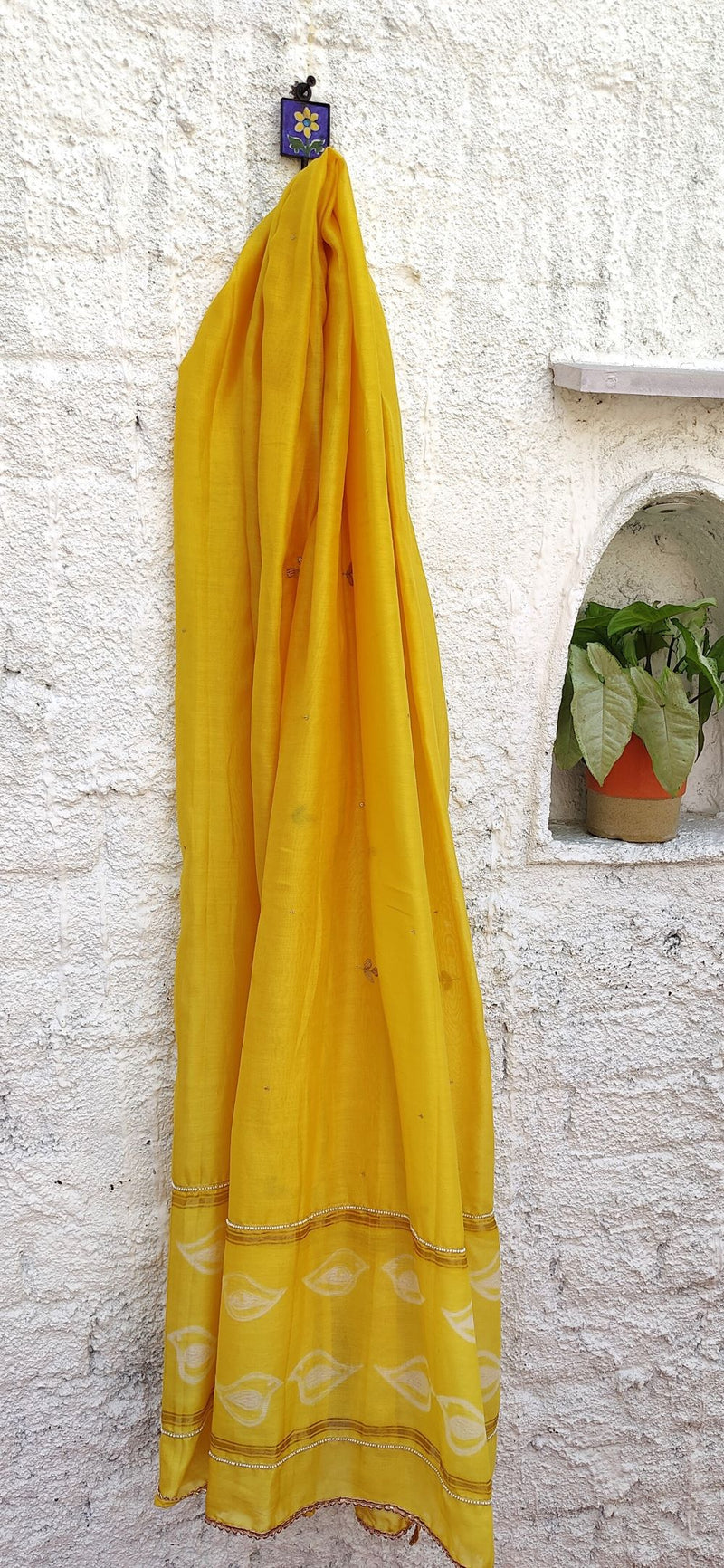 GOLDEN YELLOW CHANDERI KURTA WITH AARI, BEADS & GOTTA PATTI WORK - DUPATTA WITH SHIBORI