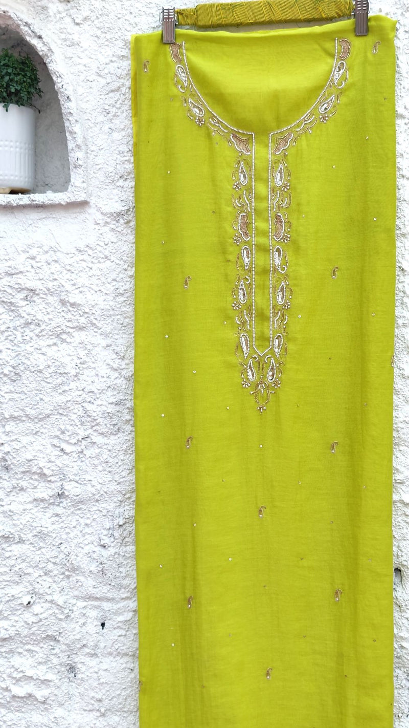 CHARTREUSE GREEN CHANDERI KURTA WITH AARI & BEADS WORK - DUPATTA WITH SHIBORI