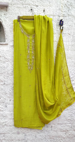 CHARTREUSE GREEN CHANDERI KURTA WITH AARI & BEADS WORK - DUPATTA WITH SHIBORI