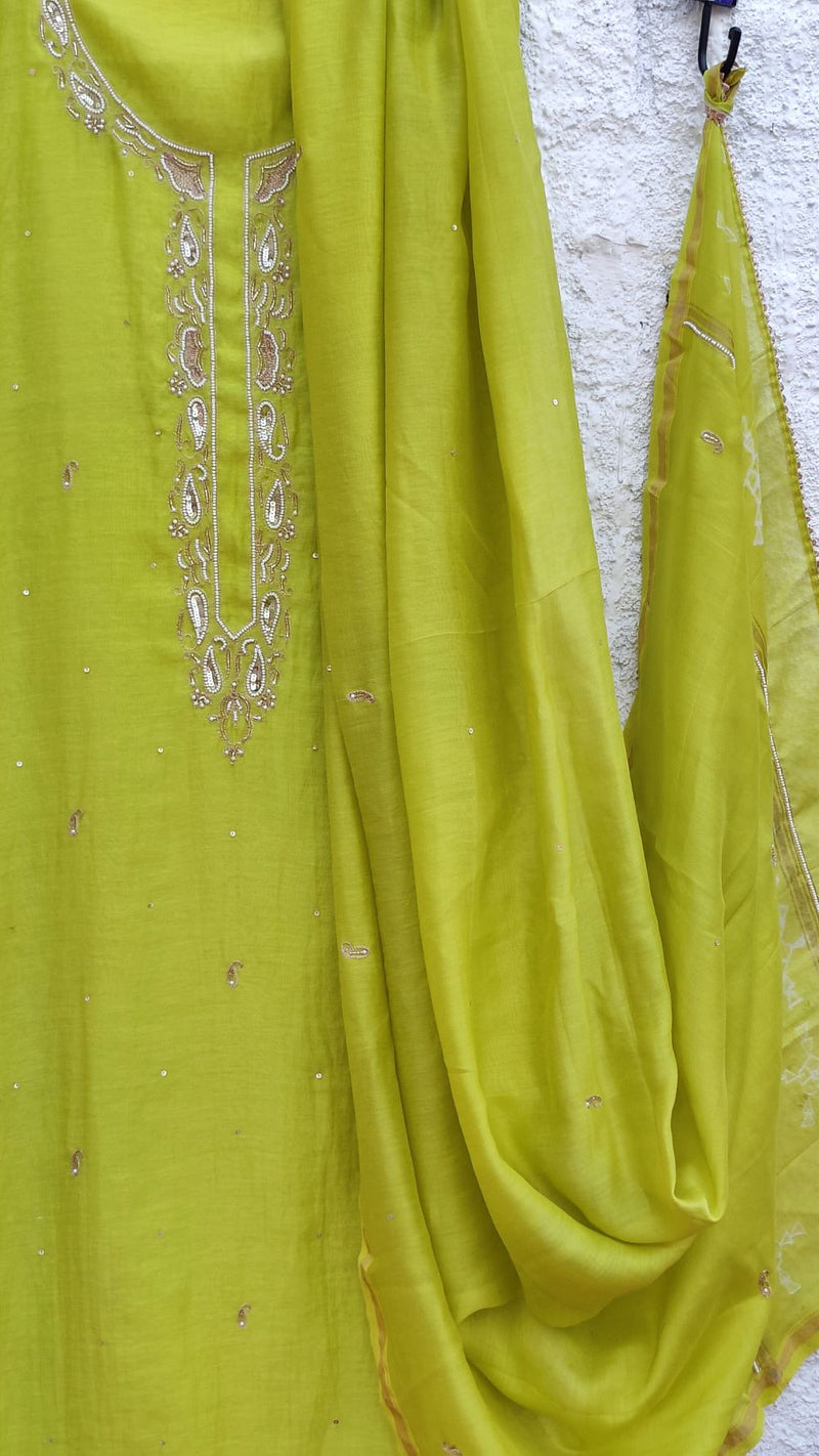 CHARTREUSE GREEN CHANDERI KURTA WITH AARI & BEADS WORK - DUPATTA WITH SHIBORI