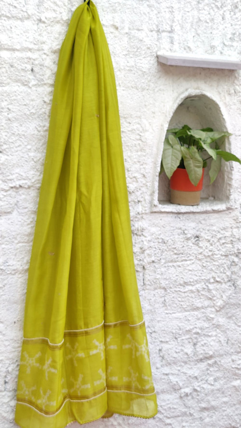 CHARTREUSE GREEN CHANDERI KURTA WITH AARI & BEADS WORK - DUPATTA WITH SHIBORI