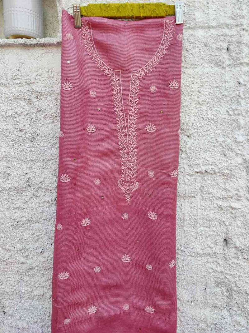 SOFT PINK RIBBED TUSSAR KURTA WITH CHIKANKARI & MUKAISH - SILK BATIK DUPATTA