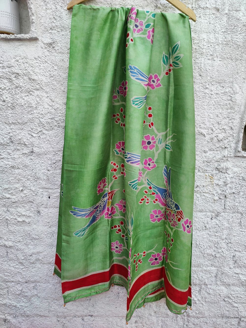 SOFT GREEN RIBBED TUSSAR KURTA WITH MULTI COLOUR CHIKANKARI & MUKAISH - SILK BATIK DUPATTA