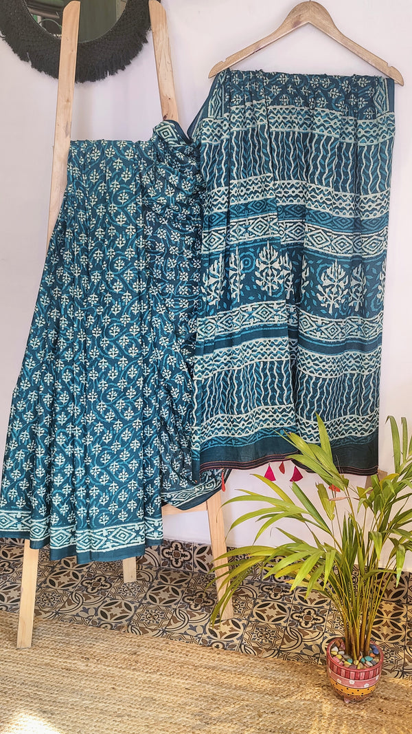 TEAL MULMUL COTTON HAND BLOCK PRINTED SAREE