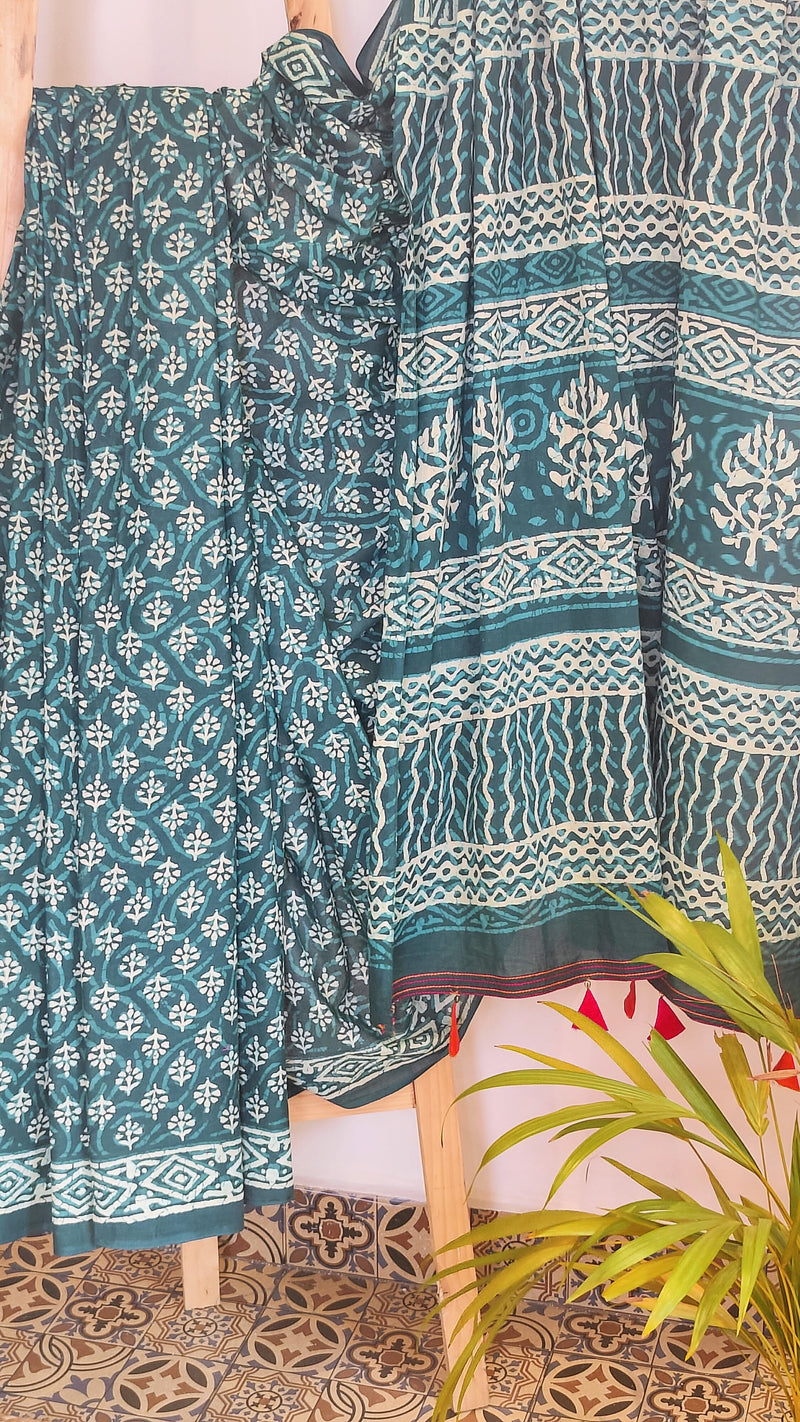 TEAL MULMUL COTTON HAND BLOCK PRINTED SAREE