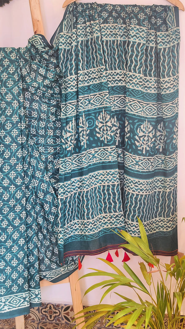 TEAL MULMUL COTTON HAND BLOCK PRINTED SAREE