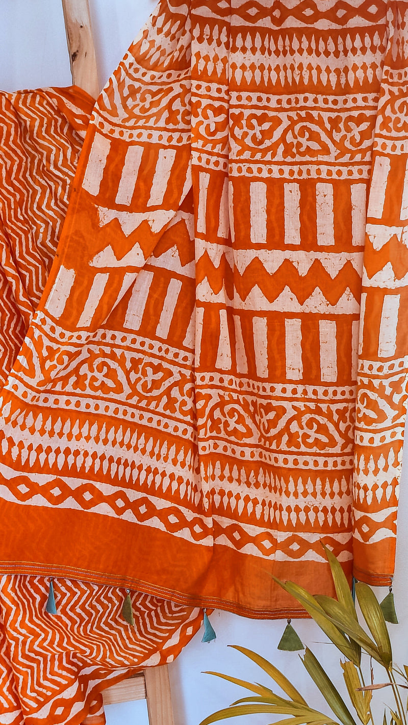 ORANGE MULMUL COTTON HAND BLOCK PRINTED SAREE