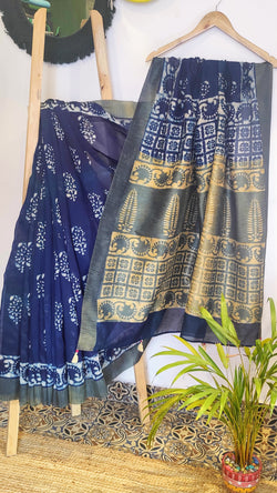 INDIGO CHANDERI SAREE WITH DABU AND GICCHA PALLA