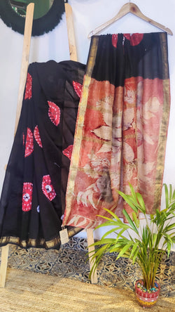 BLACK MAGALGIRI COTTON NIZAM BORDER WITH TIE-DYE AND AZRAK SAREE