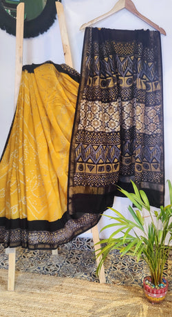 YELLOW CHANDERI BANDHINI SAREE WITH AZRAK PALLA