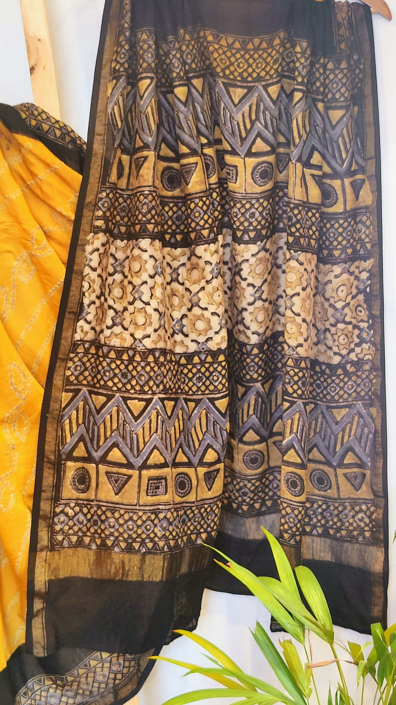 YELLOW CHANDERI BANDHINI SAREE WITH AZRAK PALLA