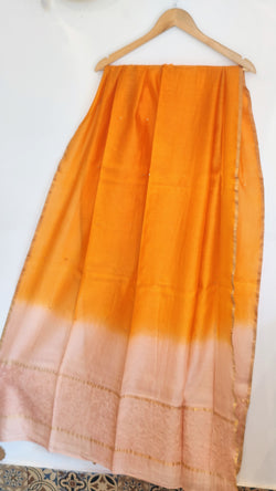 OMBRE DYED PEACH CHANDERI DUPATTA WITH CHIKANKARI AND MUKAISH