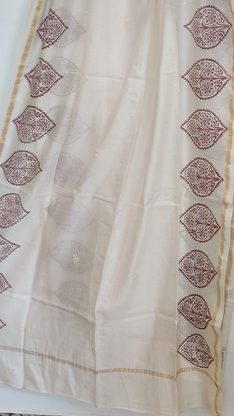 NATURAL CHANDERI WITH HAND BLOCK PRINT AND CHIKANKARI DUPATTA