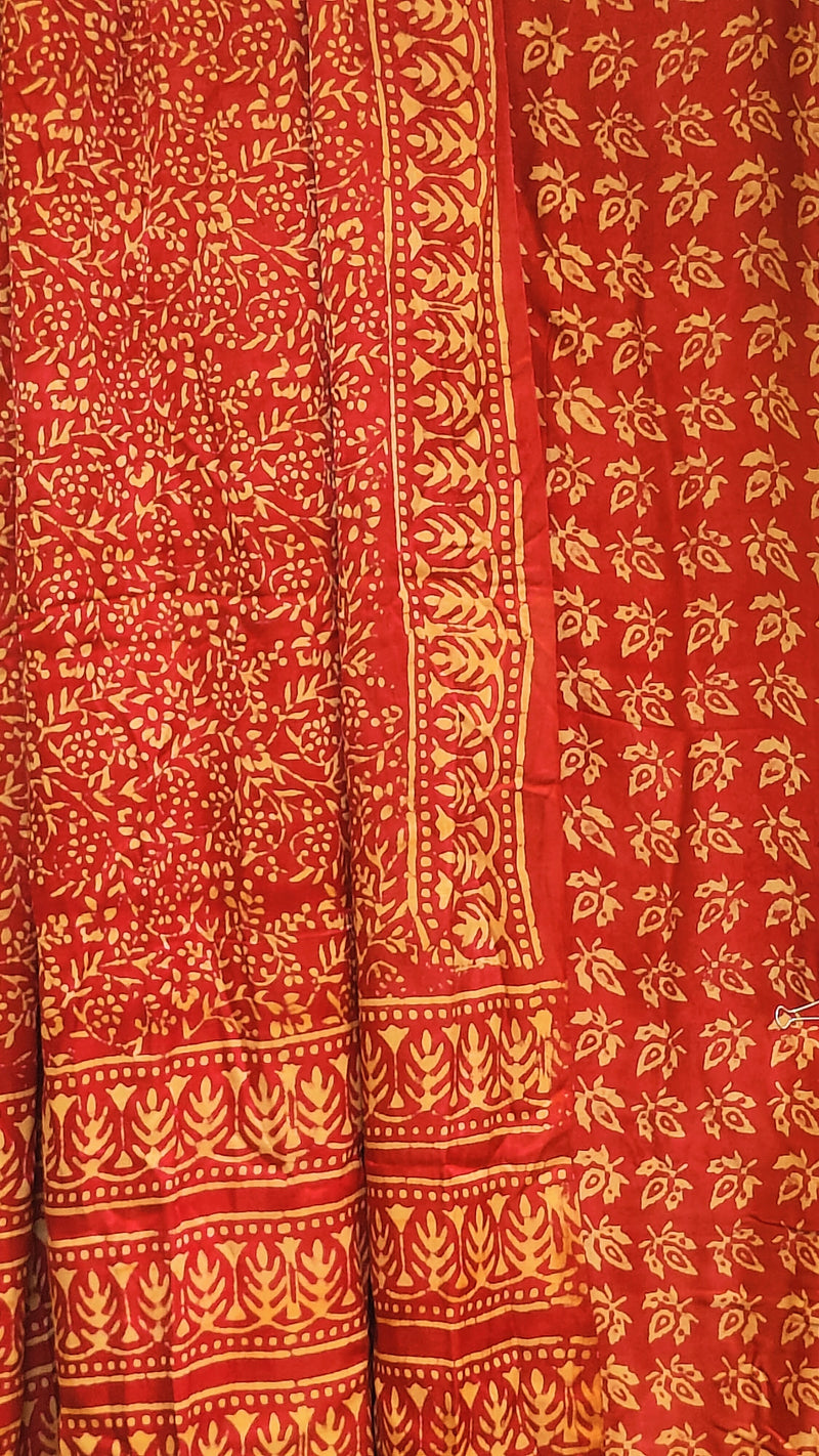 RUBY RED LEAF MASHRU DABU PRINT 3 PC SUIT SET