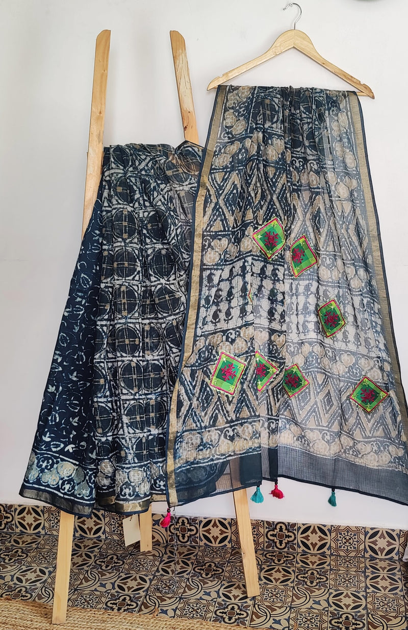 INDIGO DABU KOTA COTTON SAREE WITH GREEN CHIKANKARI PATCH