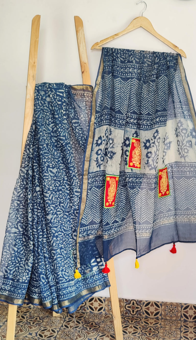 INDIGO DABU KOTA COTTON SAREE WITH RED YELLOW CHIKANKARI PATCH