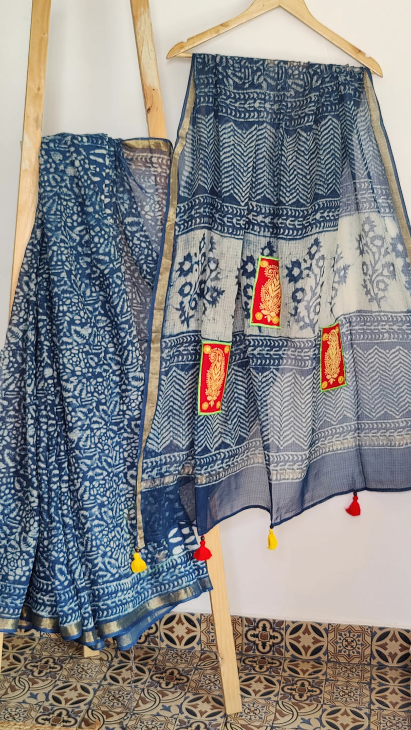 INDIGO DABU KOTA COTTON SAREE WITH RED YELLOW CHIKANKARI PATCH