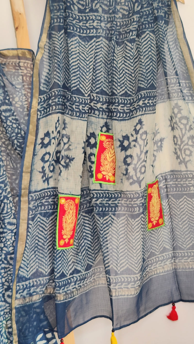 INDIGO DABU KOTA COTTON SAREE WITH RED YELLOW CHIKANKARI PATCH