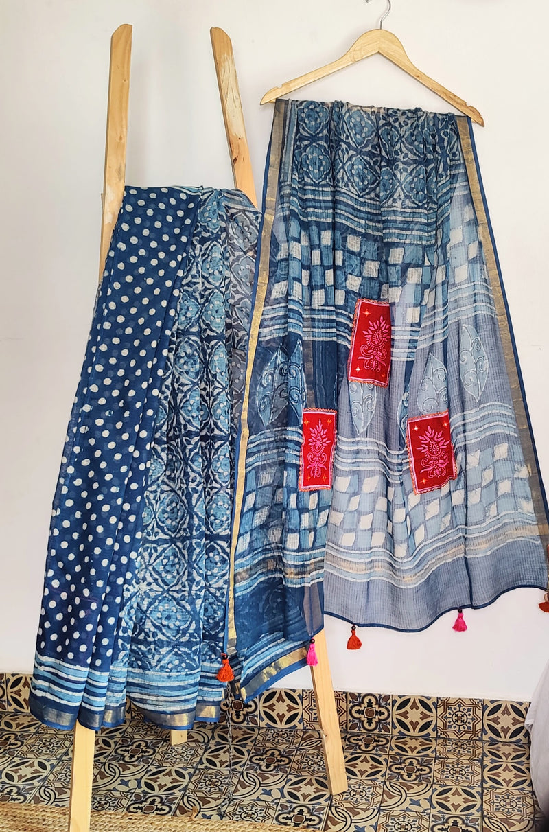 INDIGO DABU KOTA COTTON SAREE WITH MAJENTA CHIKANKARI PATCH