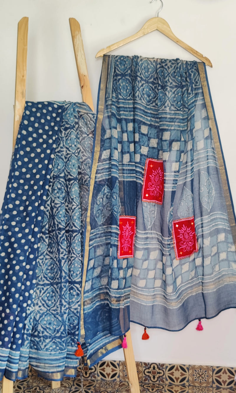 INDIGO DABU KOTA COTTON SAREE WITH MAJENTA CHIKANKARI PATCH