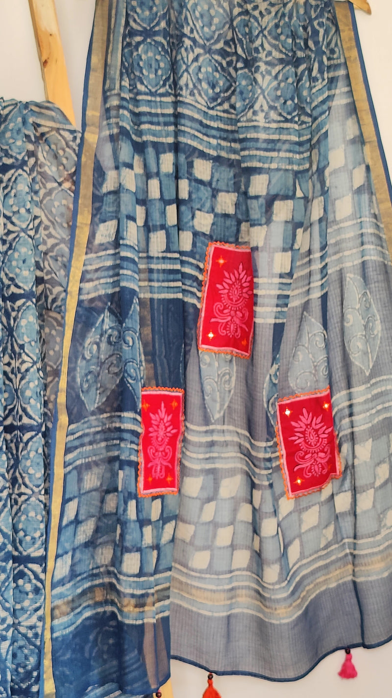 INDIGO DABU KOTA COTTON SAREE WITH MAJENTA CHIKANKARI PATCH