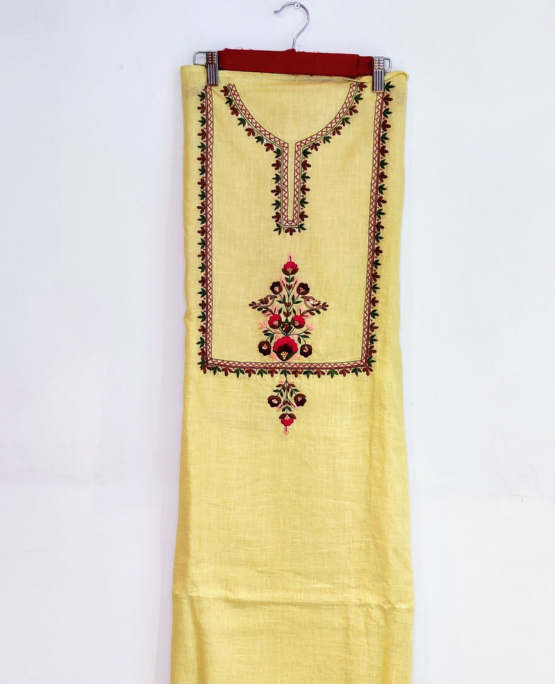 MANGAO YELLOW LINEN KURTA WITH THREAD ZARDOZI WORK PAIRED WITH LINEN DUPATTA