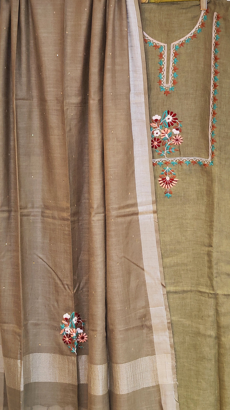 OLIVE GREEN LINEN KURTA WITH THREAD ZARDOZI WORK PAIRED WITH LINEN DUPATTA