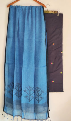 NAVY BLUE COTTON KURTA WITH HAND EMBROIDERY PAIRED WITH  JAMDANI DUPATTA