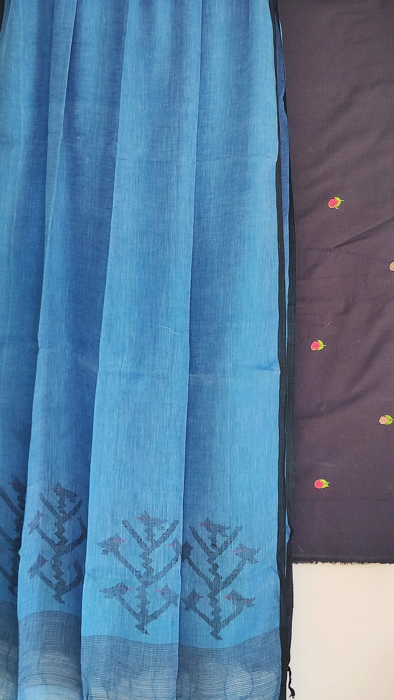 NAVY BLUE COTTON KURTA WITH HAND EMBROIDERY PAIRED WITH  JAMDANI DUPATTA