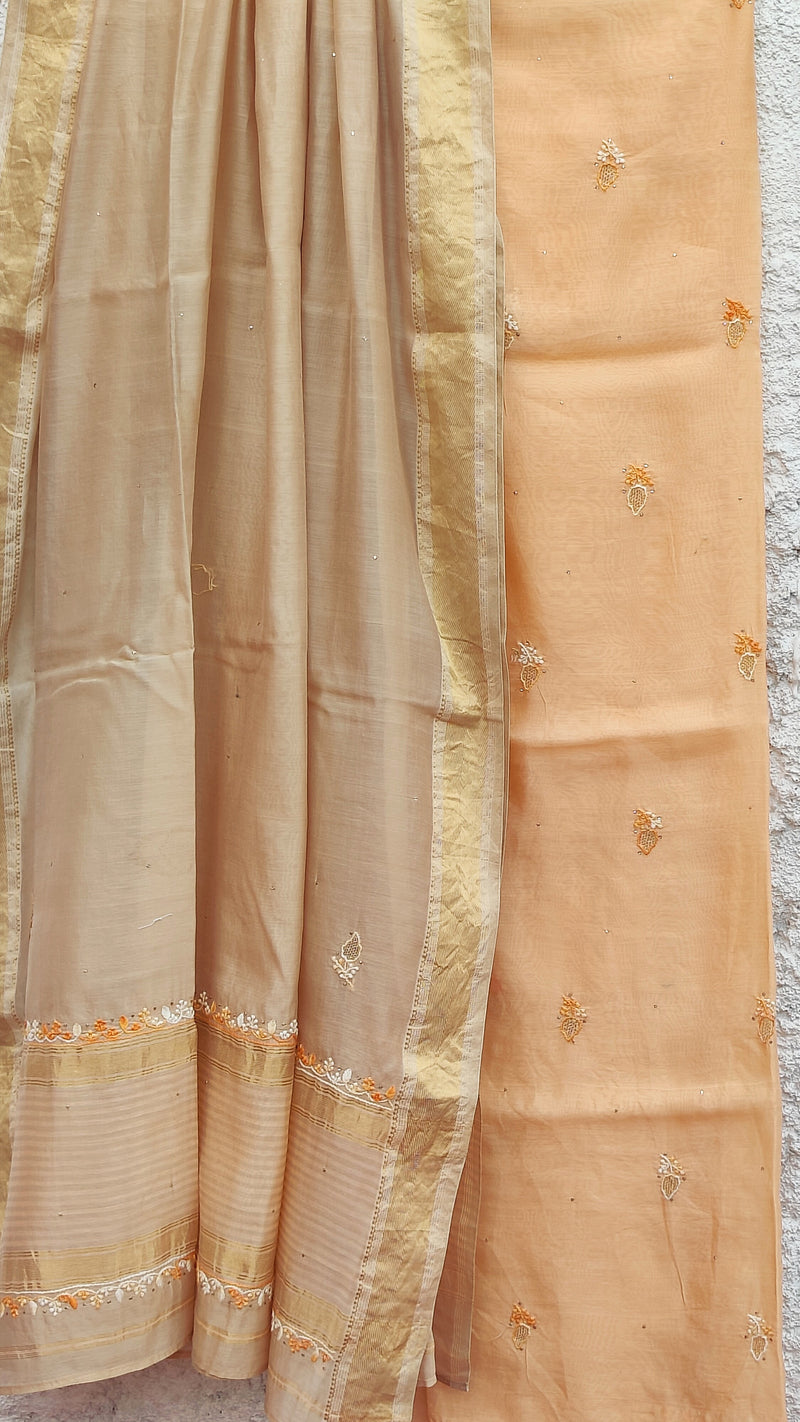 PEACH MAHESHWARI KURTA WITH CHIKANKARI PAIRED UP WITH BEIGE DUPATTA