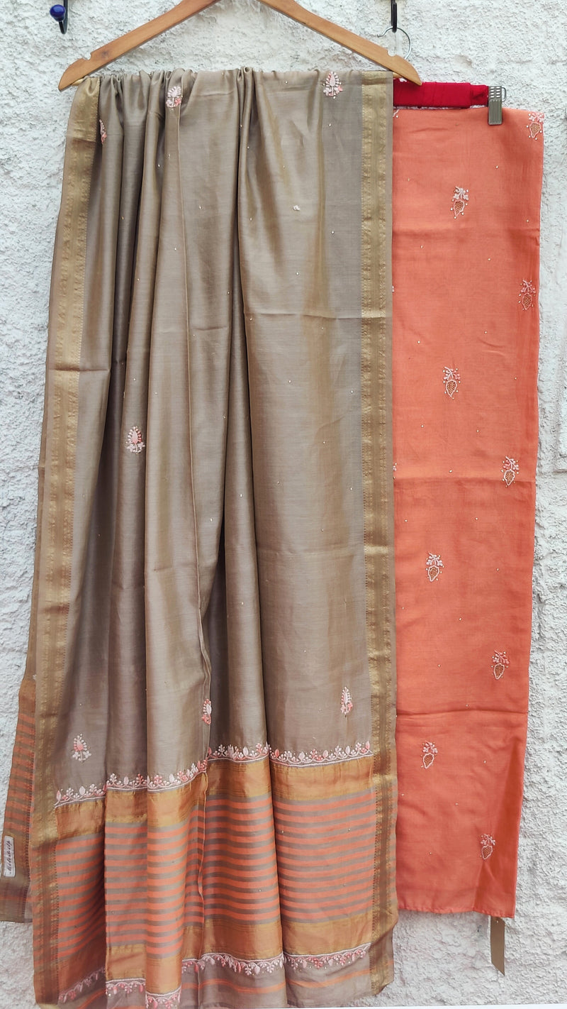 DARK PEACH MAHESHWARI KURTA WITH CHIKANKARI PAIRED UP WITH GREY DUPATTA