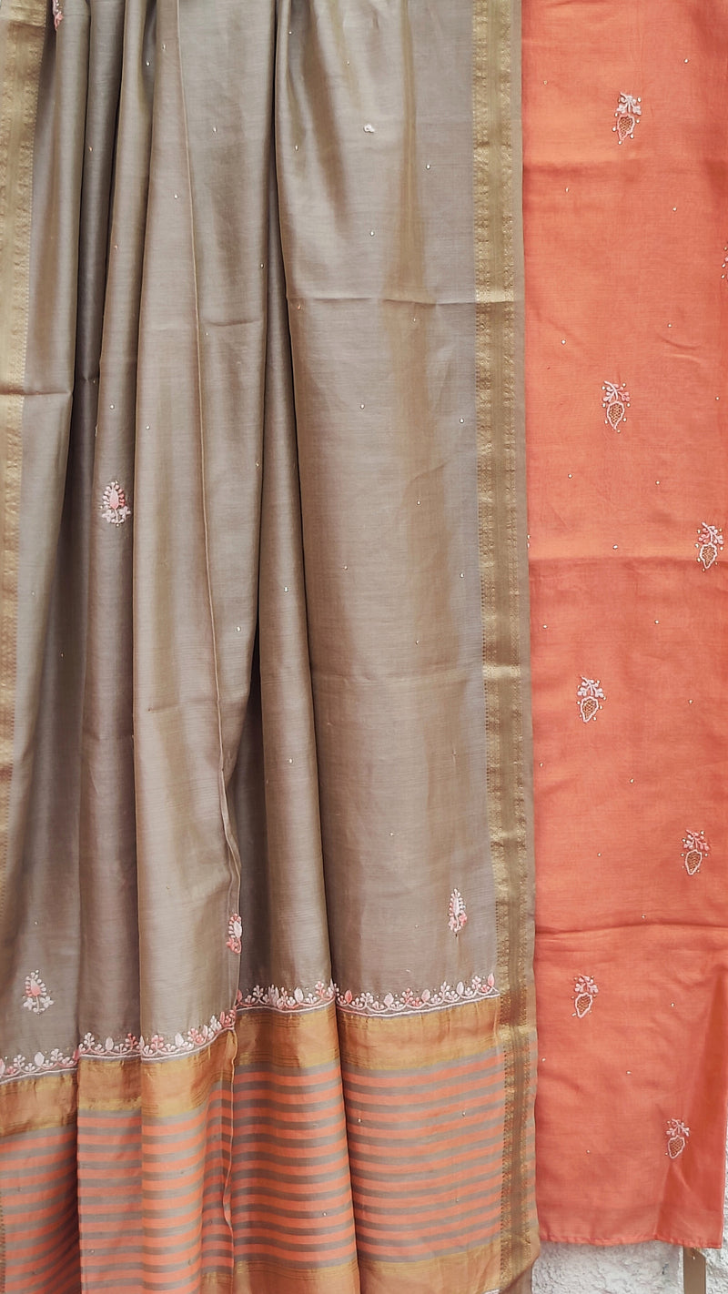 DARK PEACH MAHESHWARI KURTA WITH CHIKANKARI PAIRED UP WITH GREY DUPATTA