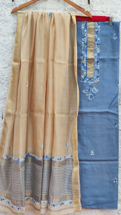 STEEL BLUE MAHESHWARI KURTA WITH CHIKANKARI PAIRED UP WITH BEIGE DUPATTA