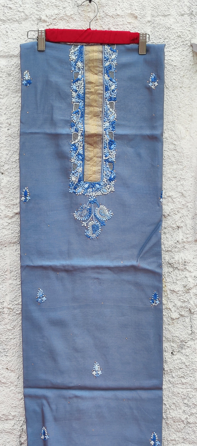 STEEL BLUE MAHESHWARI KURTA WITH CHIKANKARI PAIRED UP WITH BEIGE DUPATTA