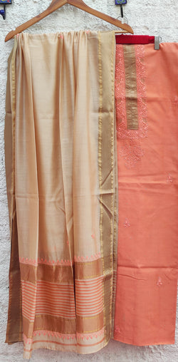 DARK PEACH MAHESHWARI KURTA WITH CHIKANKARI PAIRED UP WITH BEIGE PEACH DUPATTA