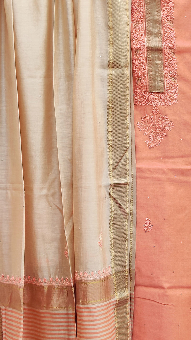 DARK PEACH MAHESHWARI KURTA WITH CHIKANKARI PAIRED UP WITH BEIGE PEACH DUPATTA