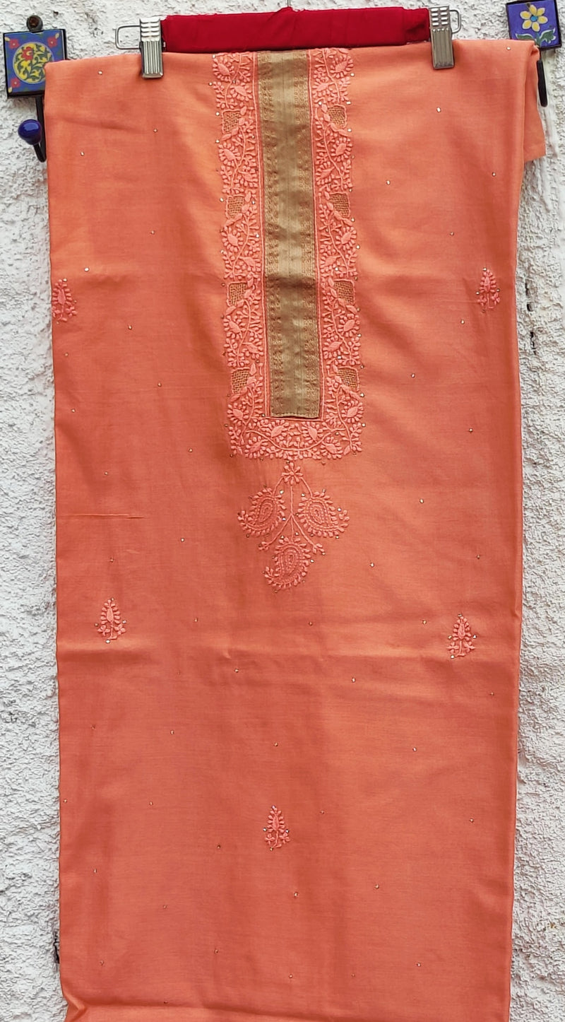 DARK PEACH MAHESHWARI KURTA WITH CHIKANKARI PAIRED UP WITH BEIGE PEACH DUPATTA