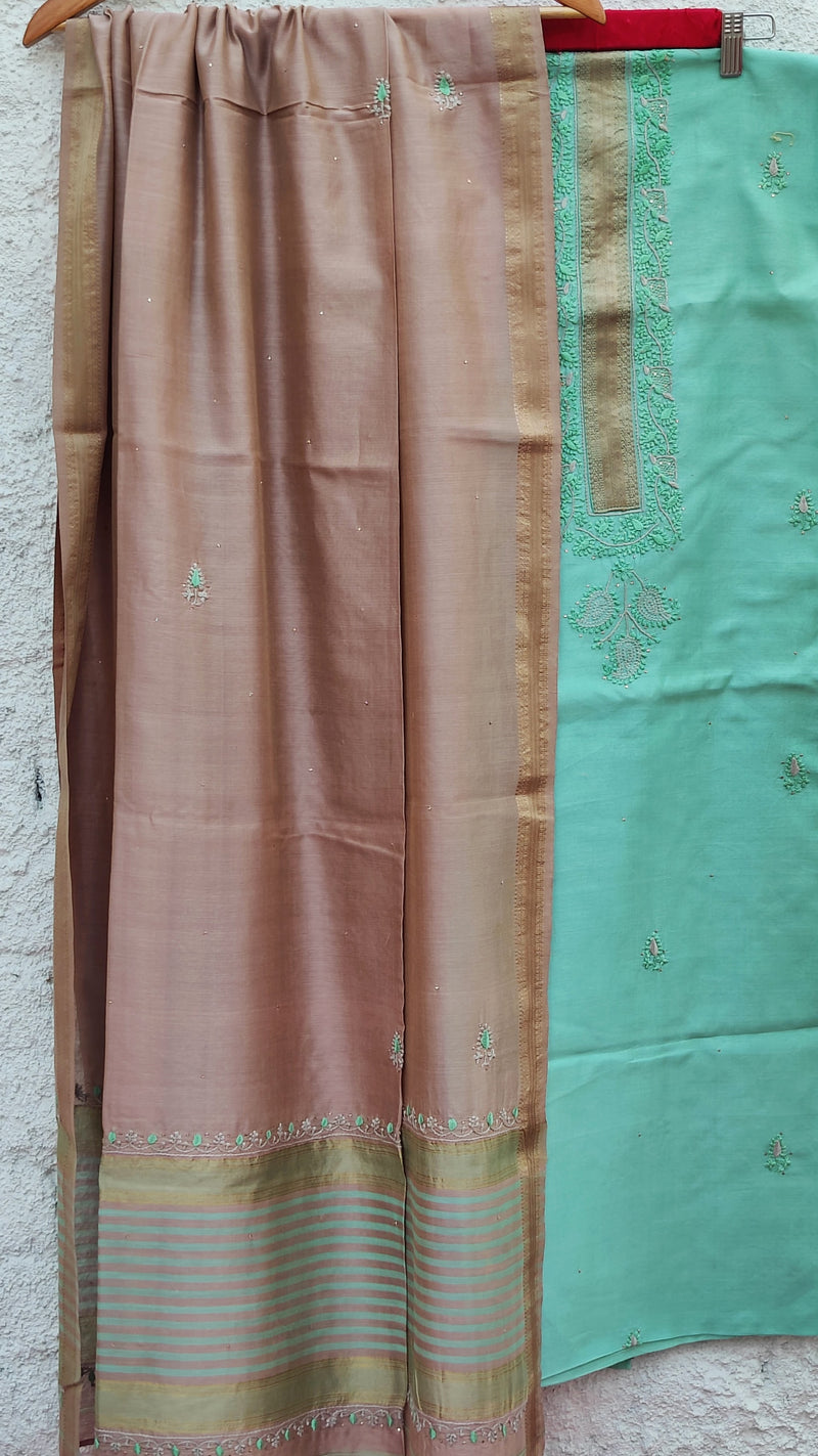 LIGHT TURQUOISE MAHESHWARI KURTA WITH CHIKANKARI PAIRED UP WITH DOVE GREY DUPATTA