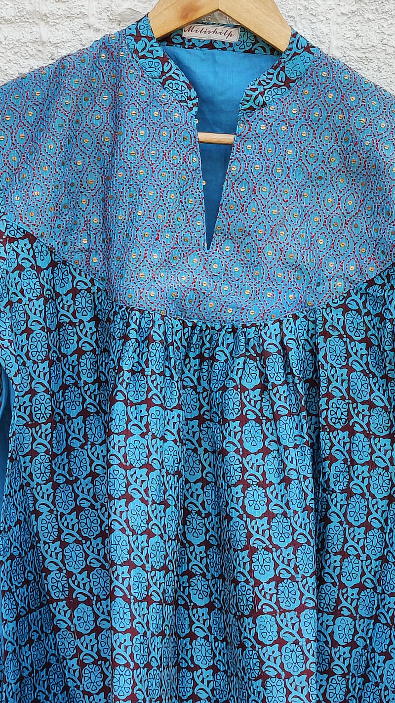 TURKISH BLUE MAHESHWARI BAGH PRINT CHIKANKARI KURTA - DUPATTA