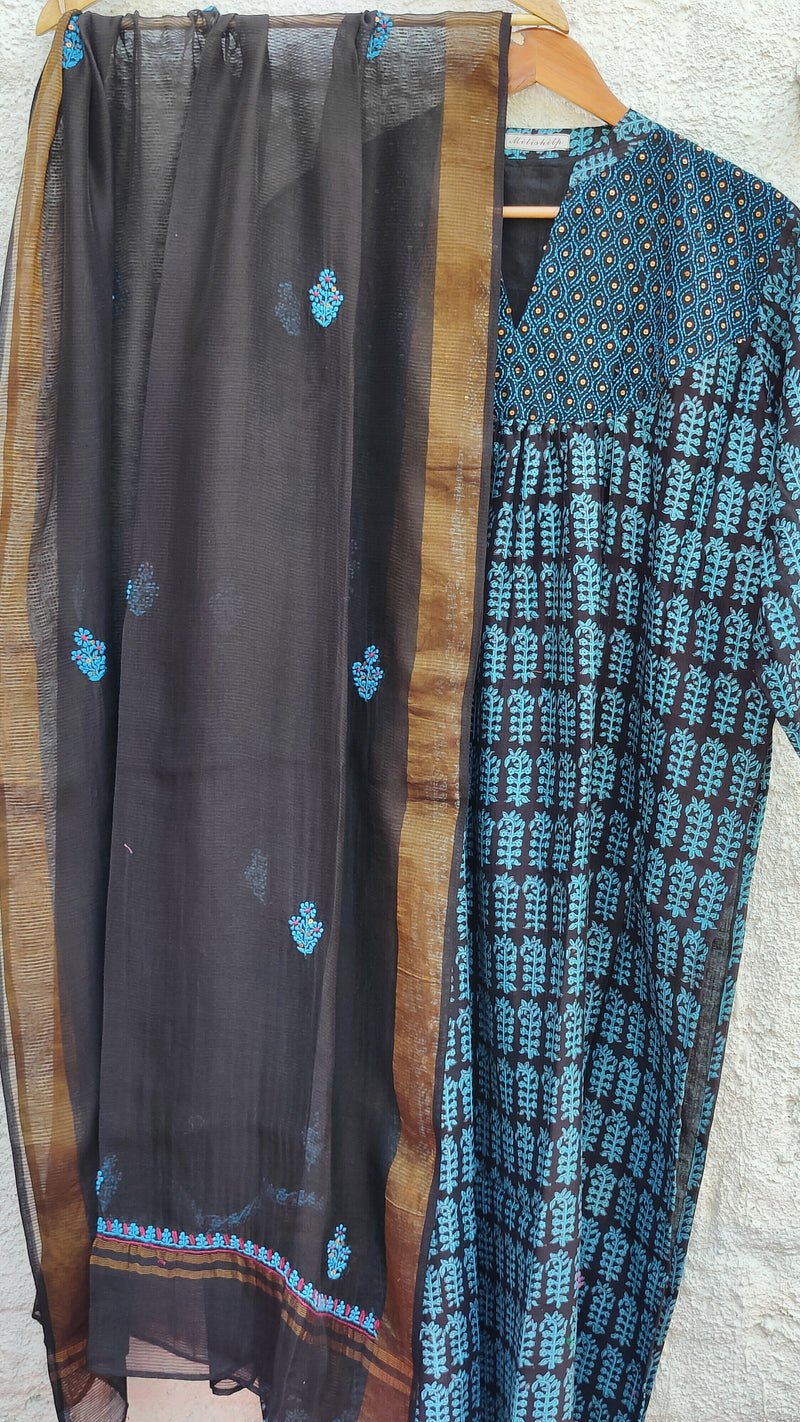 STEEL BLUE MAHESHWARI BAGH PRINT CHIKANKARI KURTA - DUPATTA