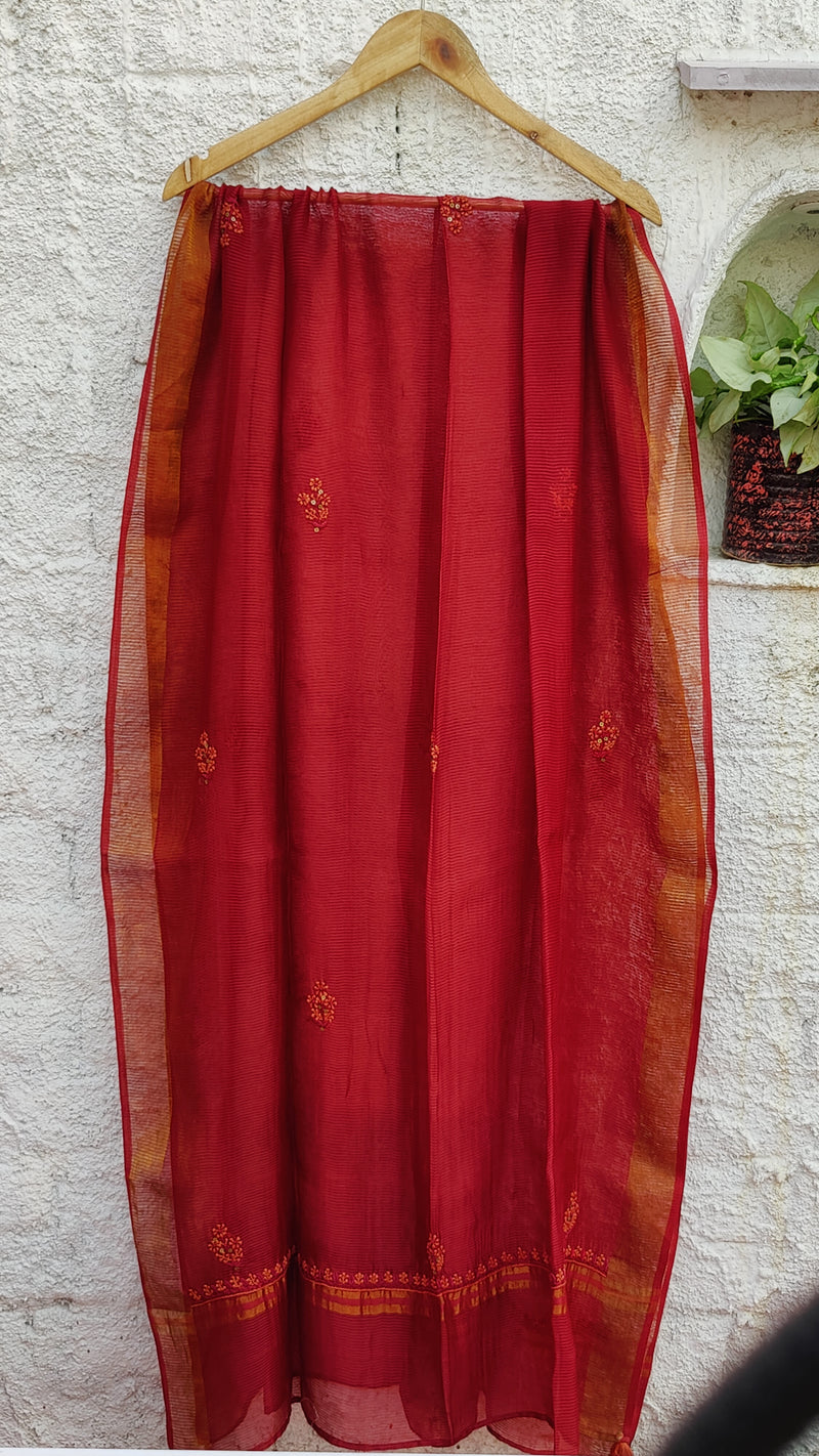 MAHOGANY RED MAHESHWARI BAGH PRINT CHIKANKARI KURTA - DUPATTA