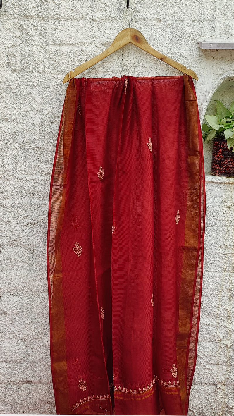 MAROON MAHESHWARI BAGH PRINT CHIKANKARI KURTA - DUPATTA