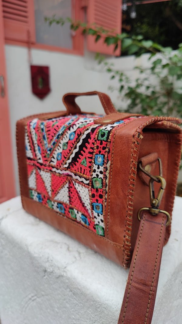 Genuine Leather Handbag with Hand Embroidery