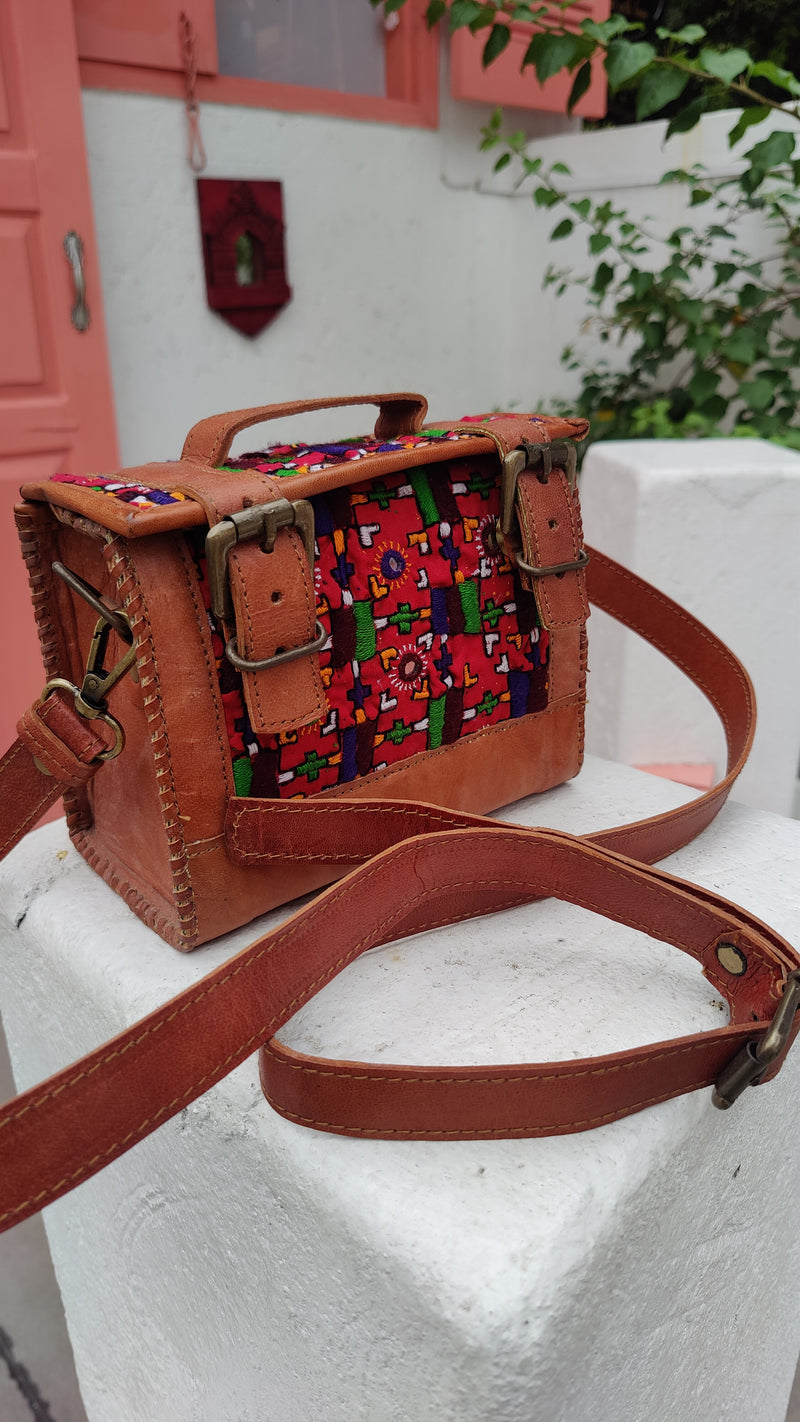 GENUINE LEATHER HANDBAG WITH HAND EMBROIDERY & MIRROR WORK