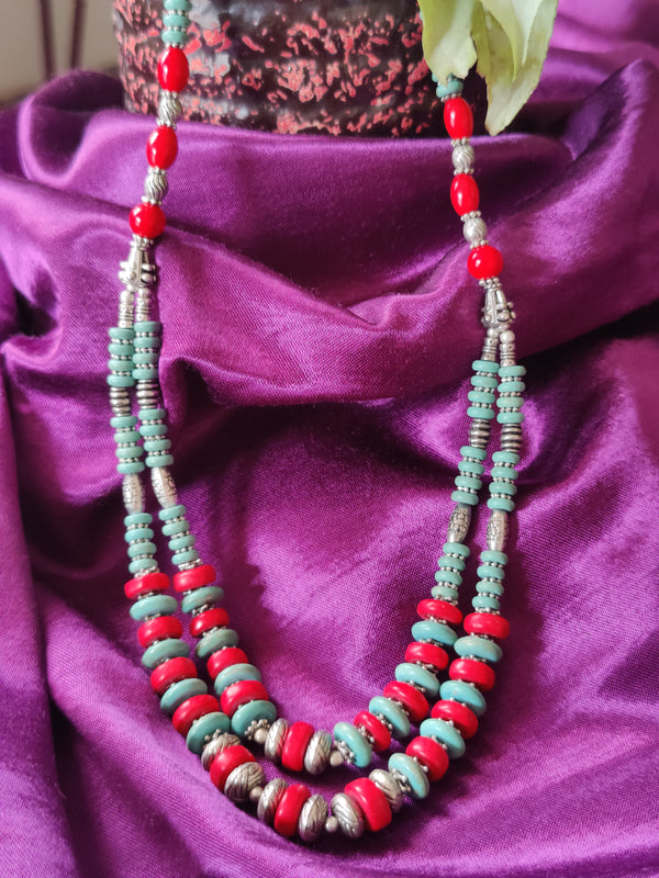 TURQUOISE RED SILVER TONE NECKLACE TWO LAYERED