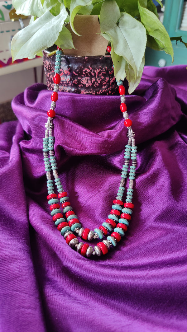 TURQUOISE RED SILVER TONE NECKLACE TWO LAYERED