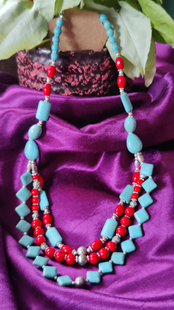 TURQUOISE RED SILVER TONE NECKLACE
